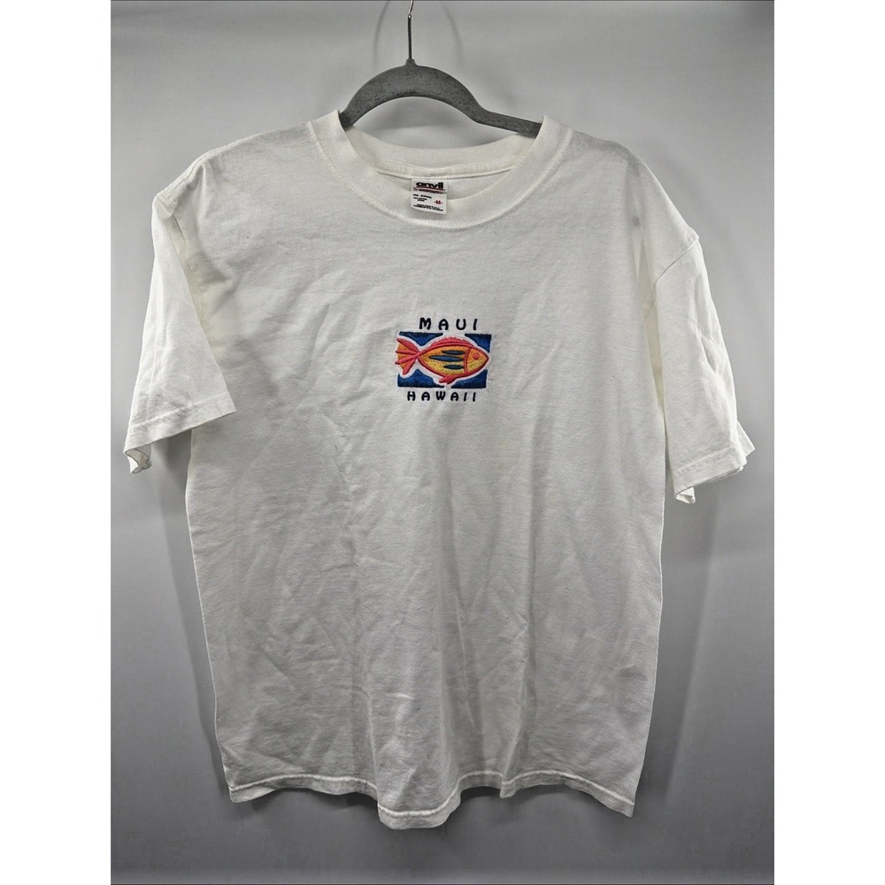 Vtg‎ 90s Maui Fish Crew Neck T-Shirt White Size M Embroidered Hawaii Cotton USA